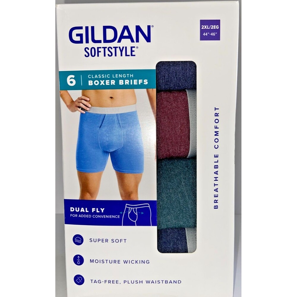 Gildan Softstyle Boxer Briefs 6 Pack Men’s 2XL Moisture Wicking Dual Fly NEW